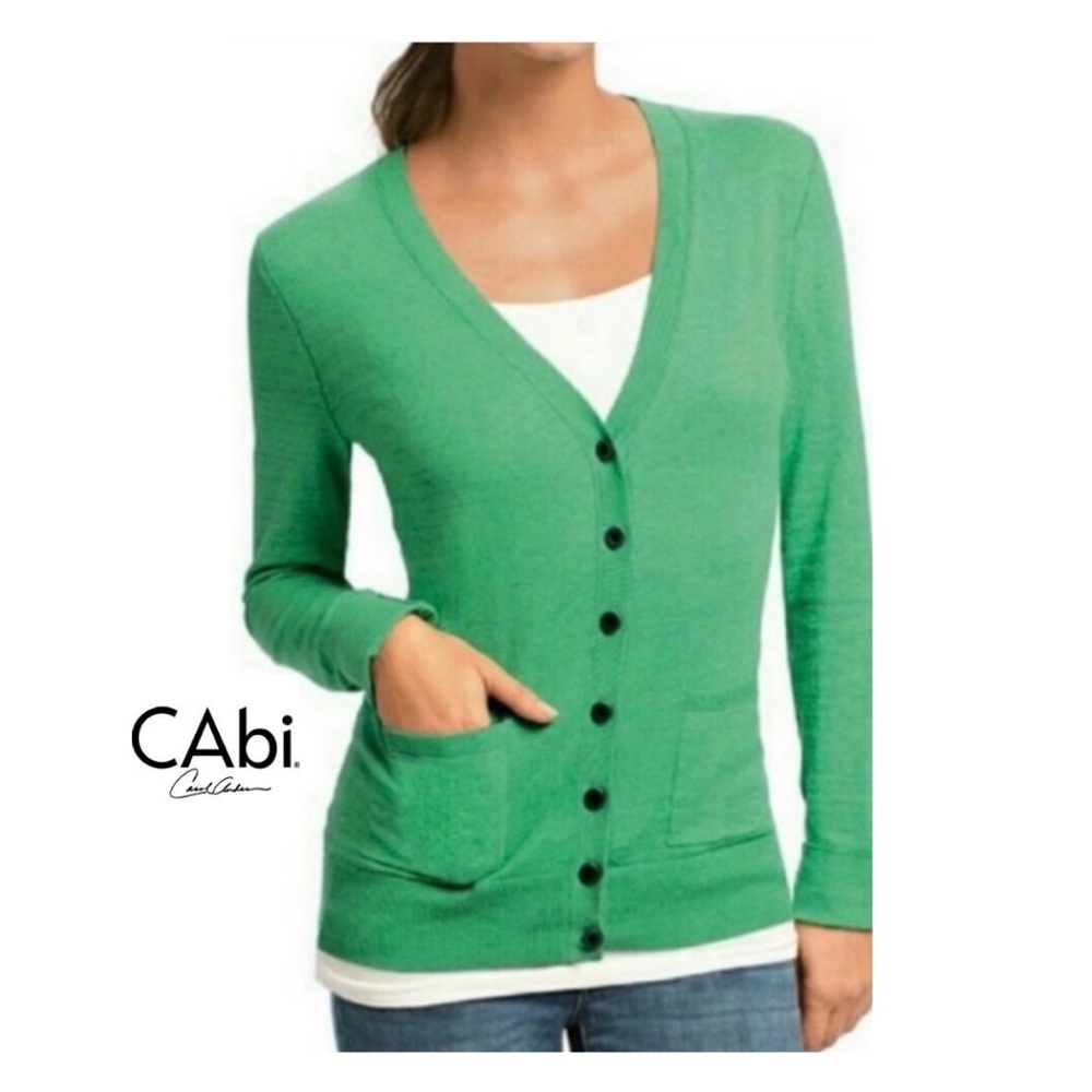 CAbi Green Cardigan Front Button Closure and Front Pockets. EUC